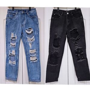 (2) NASTY GAL Set Distressed Destroyed Straight Leg Jens Size 6 Black & Blue